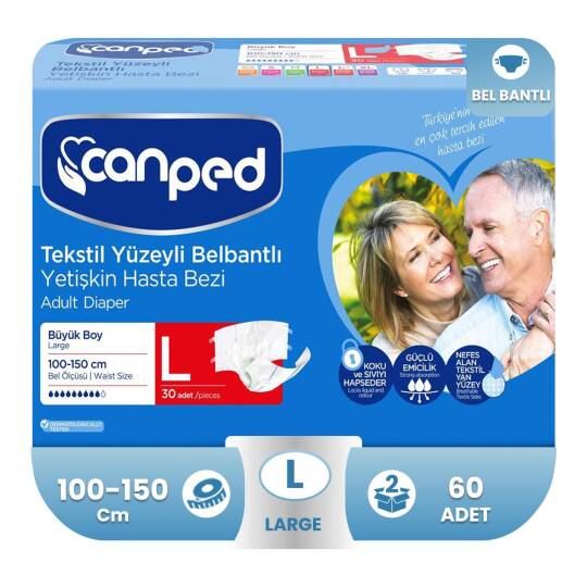 Canped Belbantlı Tekstil Yüzey Hasta Bezi L-Large Beden 60 Adet