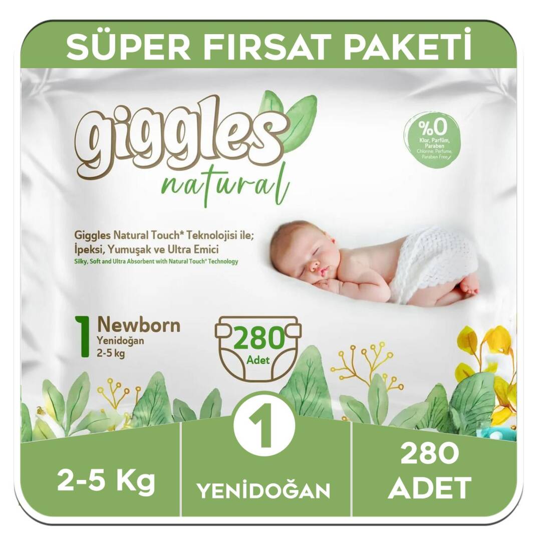 Giggles Natural 1 Numara Yenidoğan Pamuklu Bebek Bezi Süper Fırsat Paketi - 280 Adet - 1