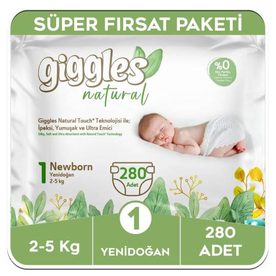 Giggles Natural 1 Numara Yenidoğan Pamuklu Bebek Bezi Süper Fırsat Paketi - 280 Adet