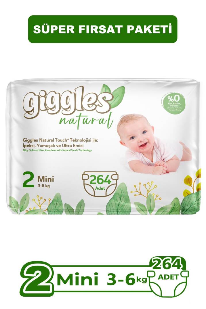 Giggles Natural 2 Numara Mini Pamuklu Bebek Bezi 264 Adet - 1