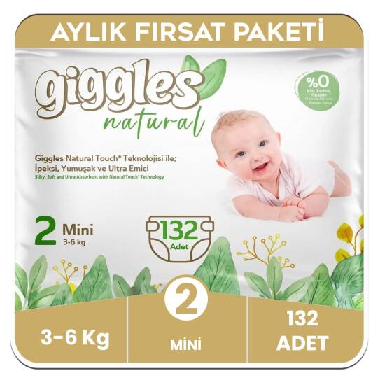 Giggles Natural 2 Numara Mini Pamuklu Bebek Bezi Aylık Fırsat Paketi - 132 Adet