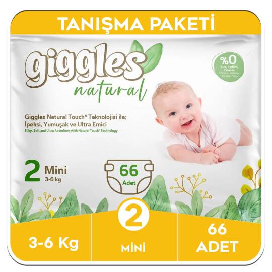 Giggles Natural 2 Numara Mini Pamuklu Bebek Bezi Tanışma Paketi - 66 Adet