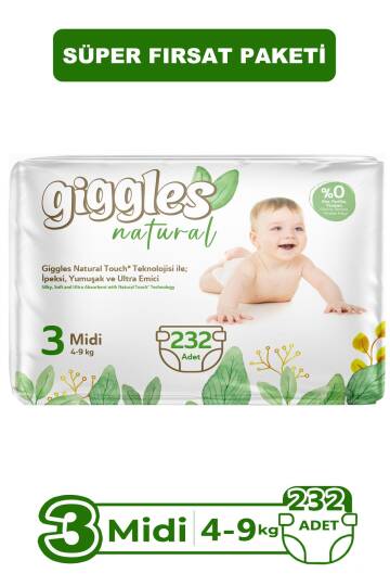 Giggles Natural 3 Numara Midi Pamuklu Bebek Bezi 232 Adet
