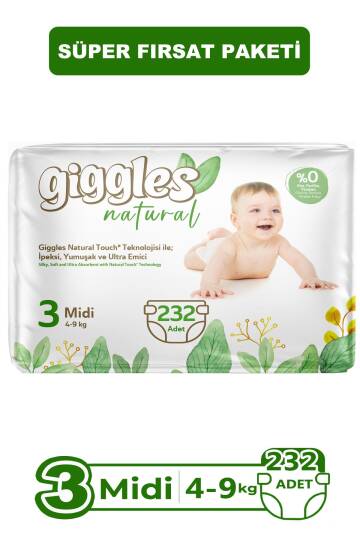 Giggles Natural 3 Numara Midi Pamuklu Bebek Bezi 232 Adet