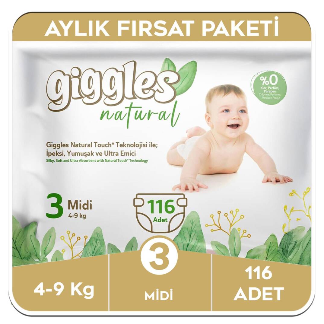 Giggles Natural 3 Numara Midi Pamuklu Bebek Bezi Aylık Fırsat Paketi - 116 Adet - 1