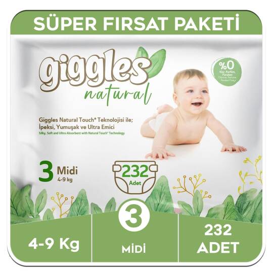 Giggles Natural 3 Numara Midi Pamuklu Bebek Bezi Süper Fırsat Paketi - 232 Adet
