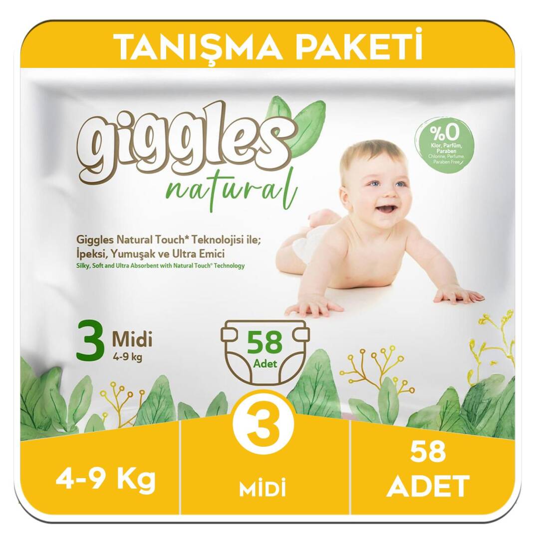 Giggles Natural 3 Numara Midi Pamuklu Bebek Bezi Tanışma Paketi - 58 Adet - 1
