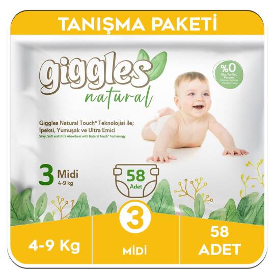 Giggles Natural 3 Numara Midi Pamuklu Bebek Bezi Tanışma Paketi - 58 Adet