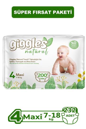 Giggles Natural 4 Numara Maxi Pamuklu Bebek bezi 200 Adet