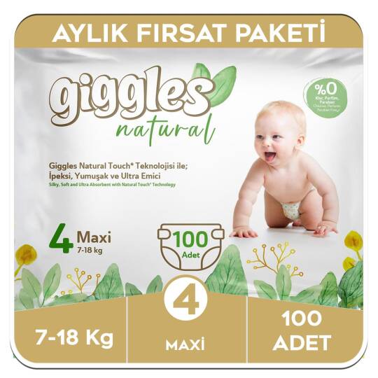 Giggles Natural 4 Numara Maxi Pamuklu Bebek Bezi Aylık Fırsat Paketi - 100 Adet