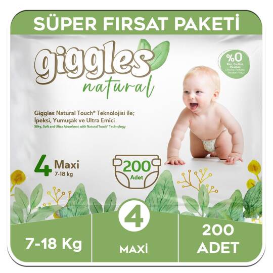 Giggles Natural 4 Numara Maxi Pamuklu Bebek Bezi Süper Fırsat Paketi - 200 Adet