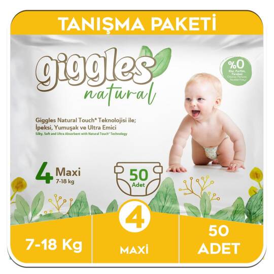 Giggles Natural 4 Numara Maxi Pamuklu Bebek Bezi Tanışma Paketi - 50 Adet