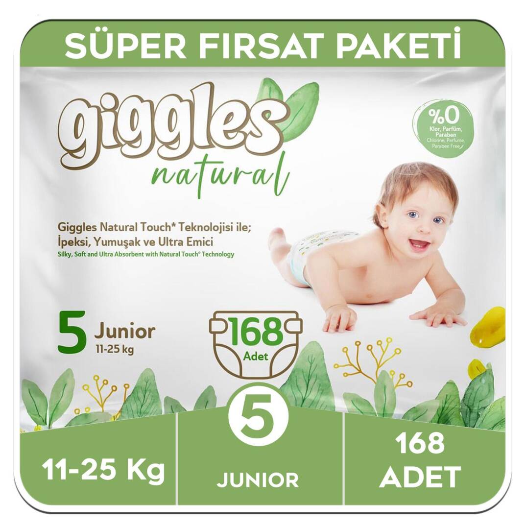 Giggles Natural 5 Numara Junior Pamuklu Bebek Bezi Süper Fırsat Paketi - 168 Adet - 1