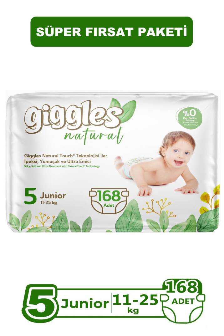 Giggles Natural 5 Numara Juniour Pamuklu Bebek bezi 168 Adet - 1