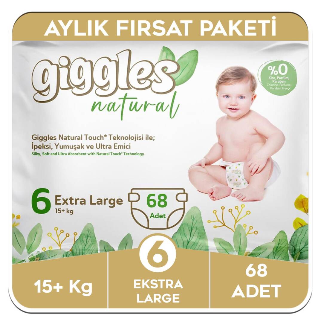 Giggles Natural 6 Numara Junior Pamuklu Bebek Bezi Aylık Fırsat Paketi - 68 Adet - 1