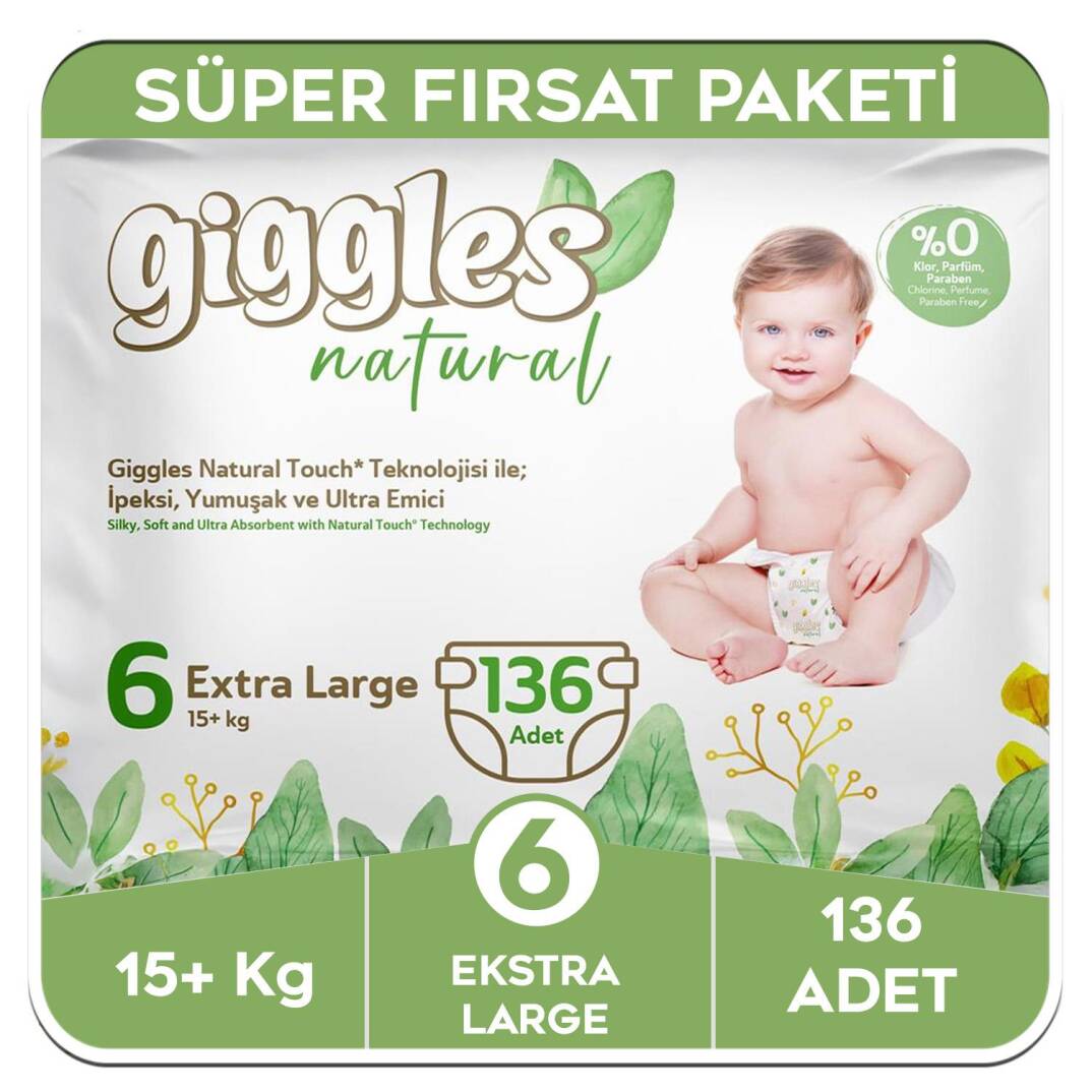 Giggles Natural 6 Numara Junior Pamuklu Bebek Bezi Süper Fırsat Paketi - 136 Adet - 1