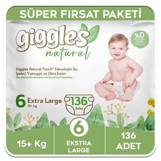Giggles Natural 6 Numara Junior Pamuklu Bebek Bezi Süper Fırsat Paketi - 136 Adet