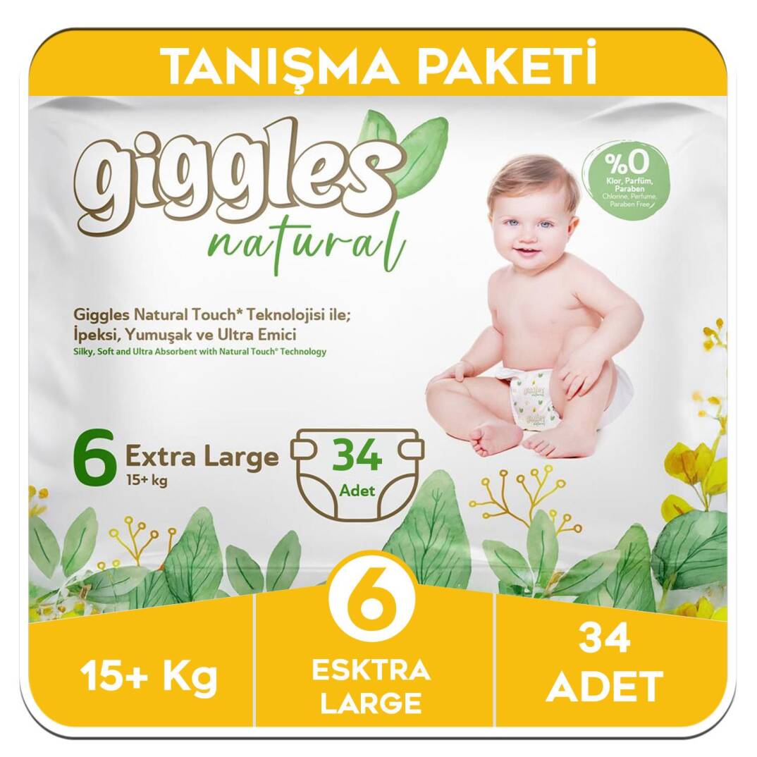 Giggles Natural 6 Numara Junior Pamuklu Bebek Bezi Tanışma Paketi - 34 Adet - 1