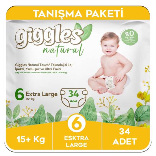 Giggles Natural 6 Numara Junior Pamuklu Bebek Bezi Tanışma Paketi - 34 Adet