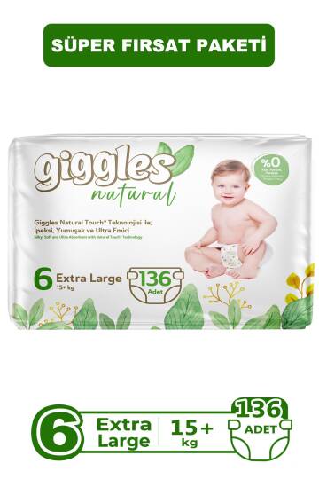 Giggles Natural 6 Numara Junior Plus Pamuklu Bebek bezi 136 Adet