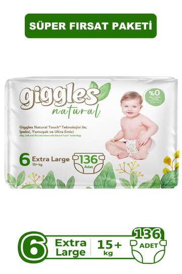 Giggles Natural 6 Numara Junior Plus Pamuklu Bebek bezi 136 Adet