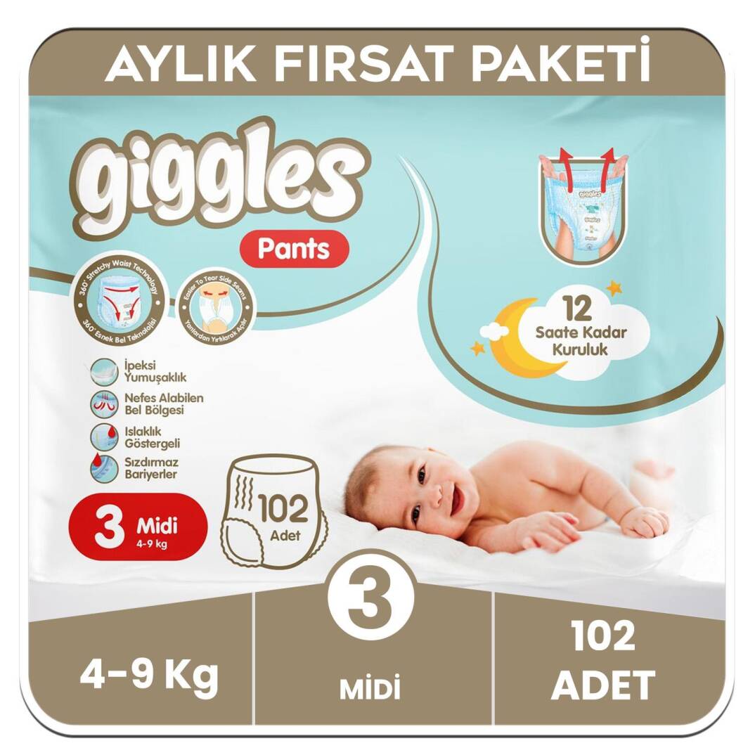Giggles Pants Külotlu Bebek Bezi 3 Numara Midi Aylık Paket - 102 Adet - 1