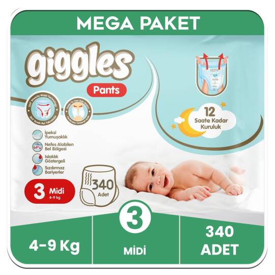 Giggles Pants Külotlu Bebek Bezi 3 Numara Midi Mega Paket - 340 Adet