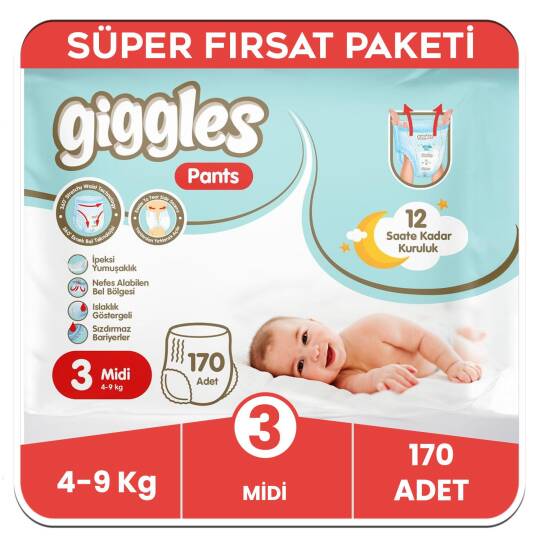 Giggles Pants Külotlu Bebek Bezi 3 Numara Midi Süper Fırsat Paketi - 170 Adet