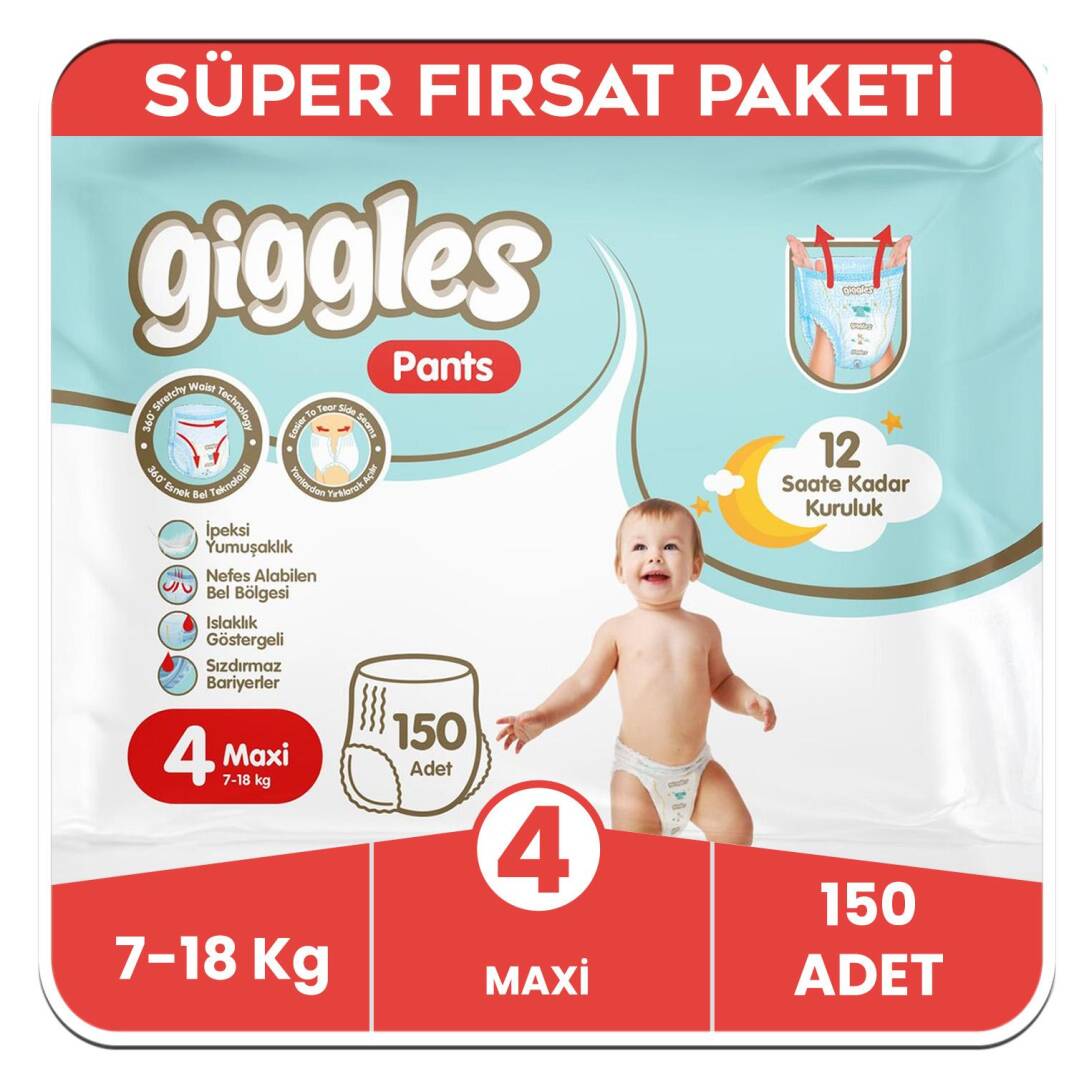Giggles Pants Külotlu Bebek Bezi 4 Numara Maxi Süper Fırsat Paketi - 150 Adet - 1