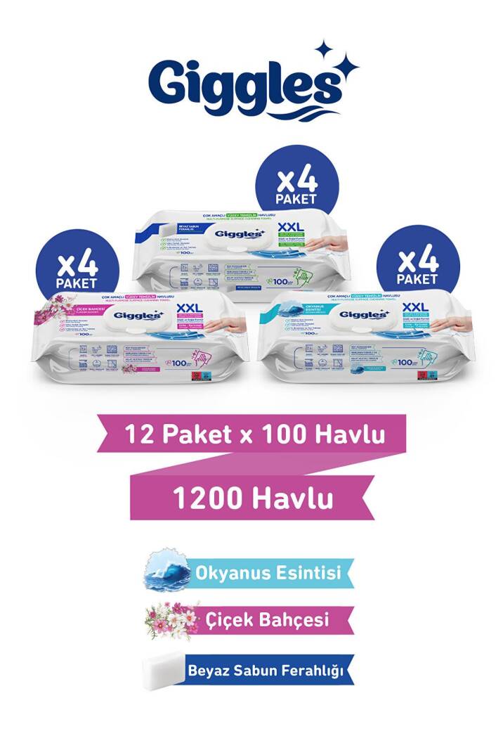 Giggles Xxl İz Bırakmayan Yüzey Temizlik Havlusu - (Beyaz Sabun-Çiçek Bahçesi-Okyanus Esintisi) 1200 Havlu - 1