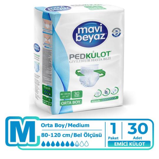 Mavi Beyaz Emici Külot M-Medium Beden 30 Adet