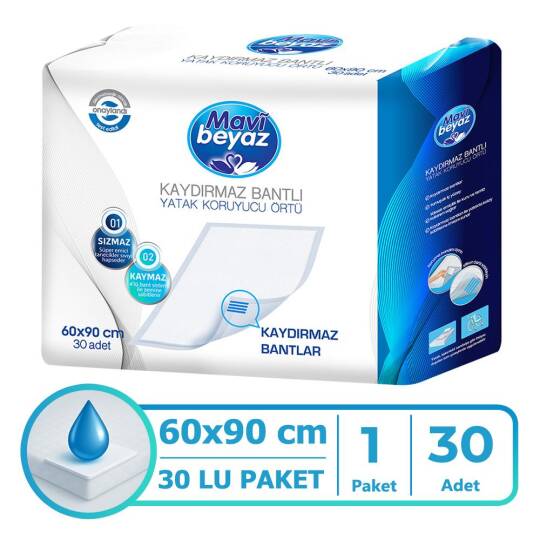 Mavi Beyaz Kaydırmaz Bantlı Yatak Koruyucu Örtü 60x90 Cm 30 Adet